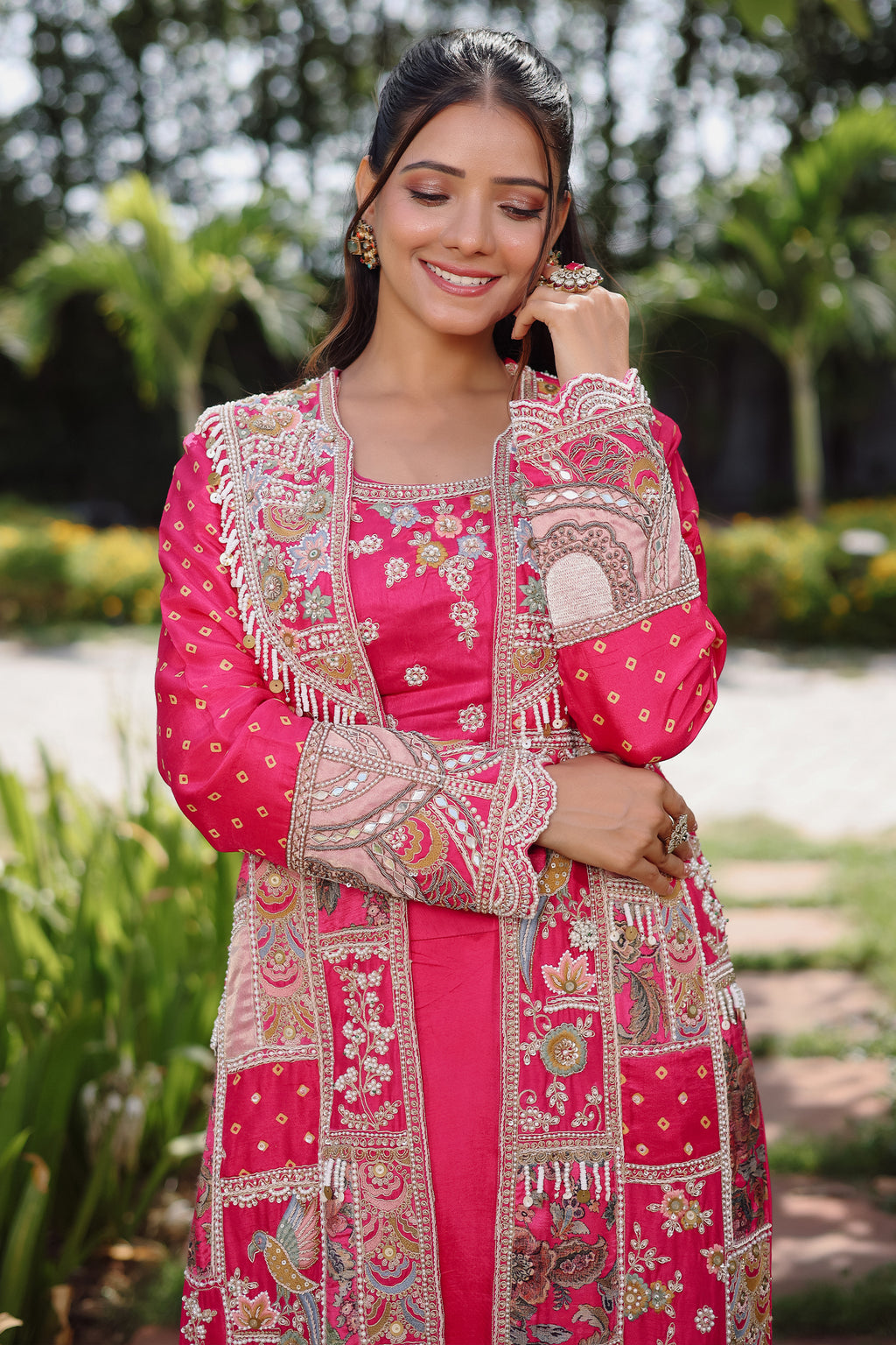 Rani Pink Silk Crop Top Draped Skirt Set with Embellished Handwork Long Shrug