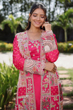 Rani Pink Silk Crop Top Draped Skirt Set with Embellished Handwork Long Shrug