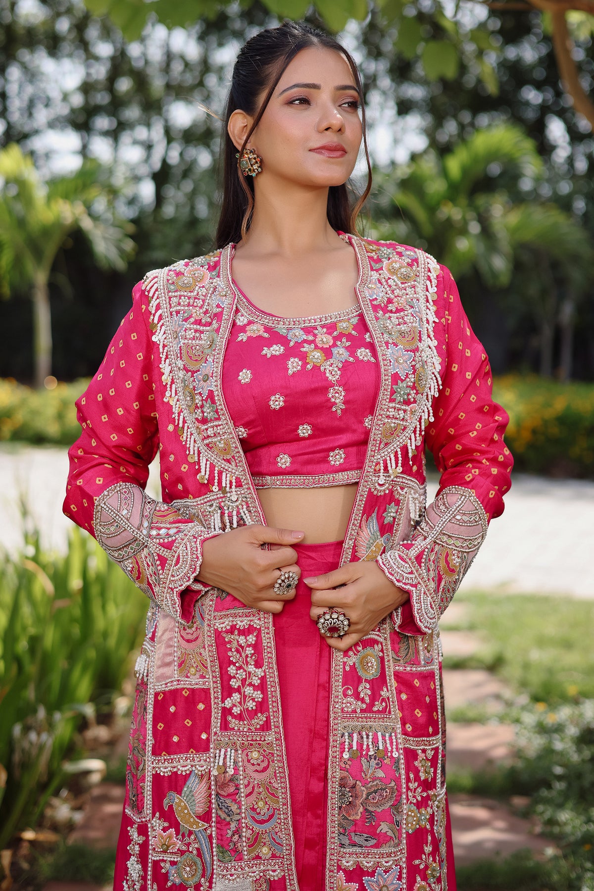 Rani Pink Silk Crop Top Draped Skirt Set with Embellished Handwork Long Shrug