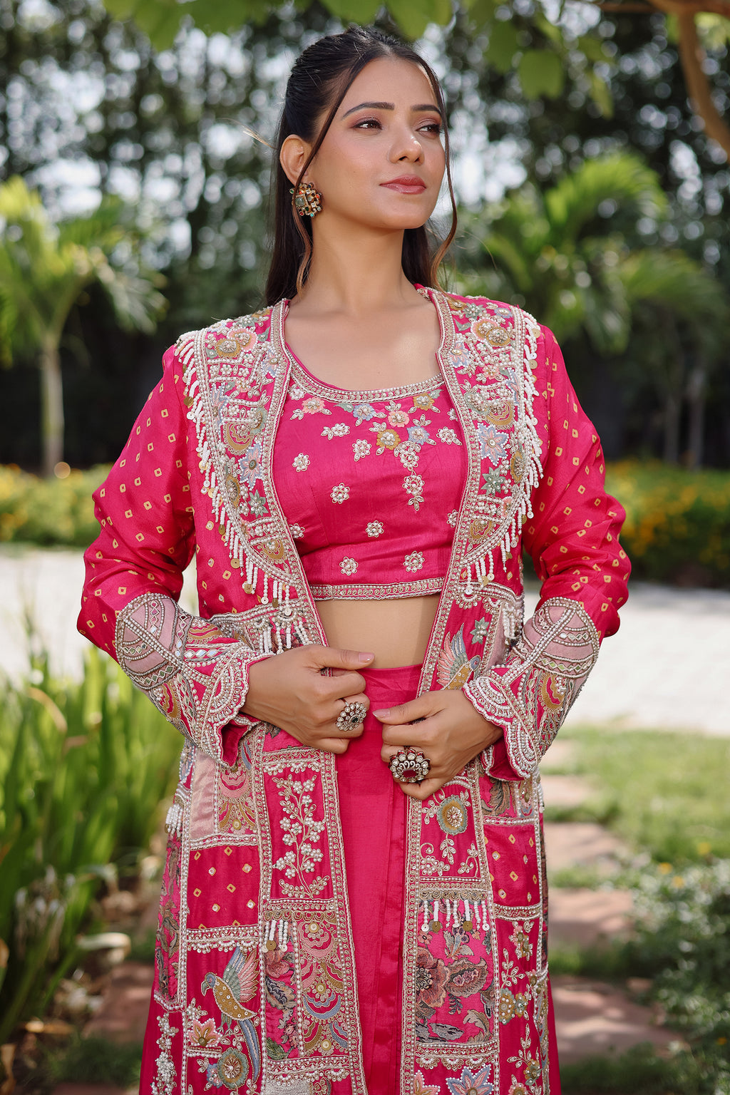 Rani Pink Silk Crop Top Draped Skirt Set with Embellished Handwork Long Shrug