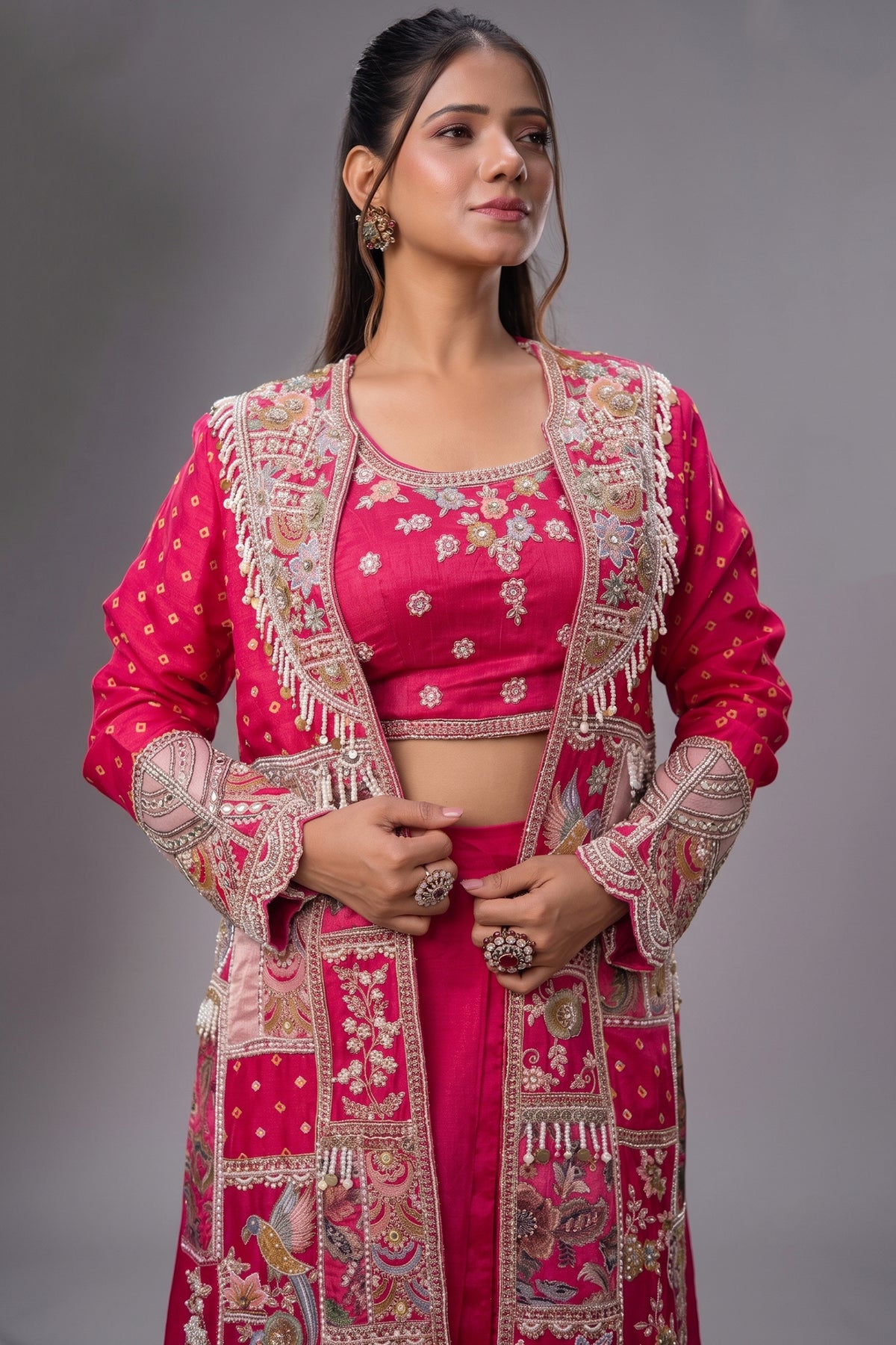 Rani Pink Silk Crop Top Draped Skirt Set with Embellished Handwork Long Shrug