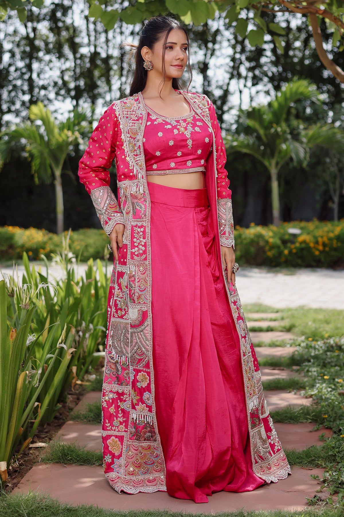 Rani Pink Silk Crop Top Draped Skirt Set with Embellished Handwork Long Shrug