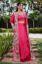 Rani Pink Silk Crop Top Draped Skirt Set with Embellished Handwork Long Shrug