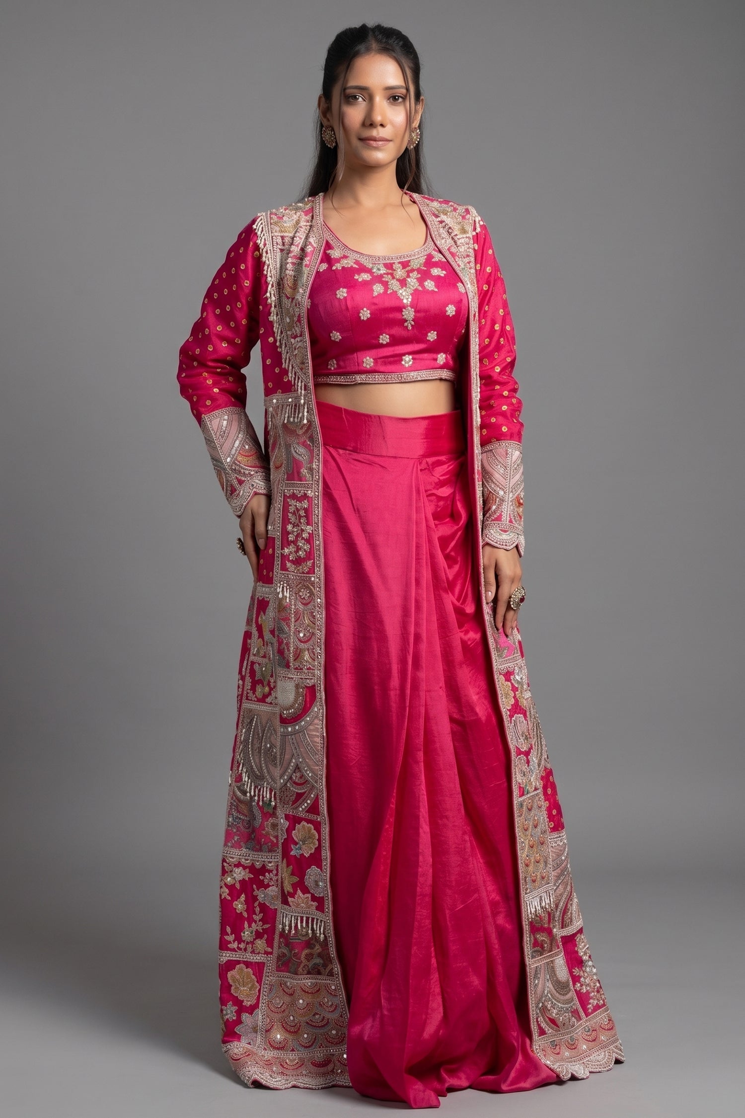 Rani Pink Silk Crop Top Draped Skirt Set with Embellished Handwork Long Shrug Main image