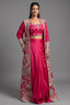 Rani Pink Silk Crop Top Draped Skirt Set with Embellished Handwork Long Shrug