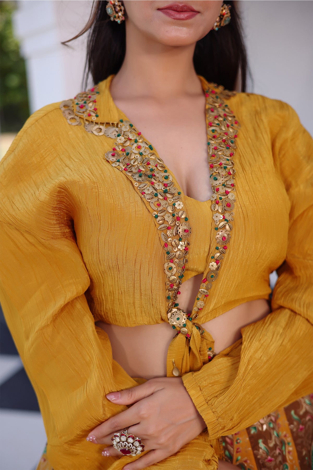 Mustard Tissue Crepe Silk Crop Top Skirt Set with Jacket