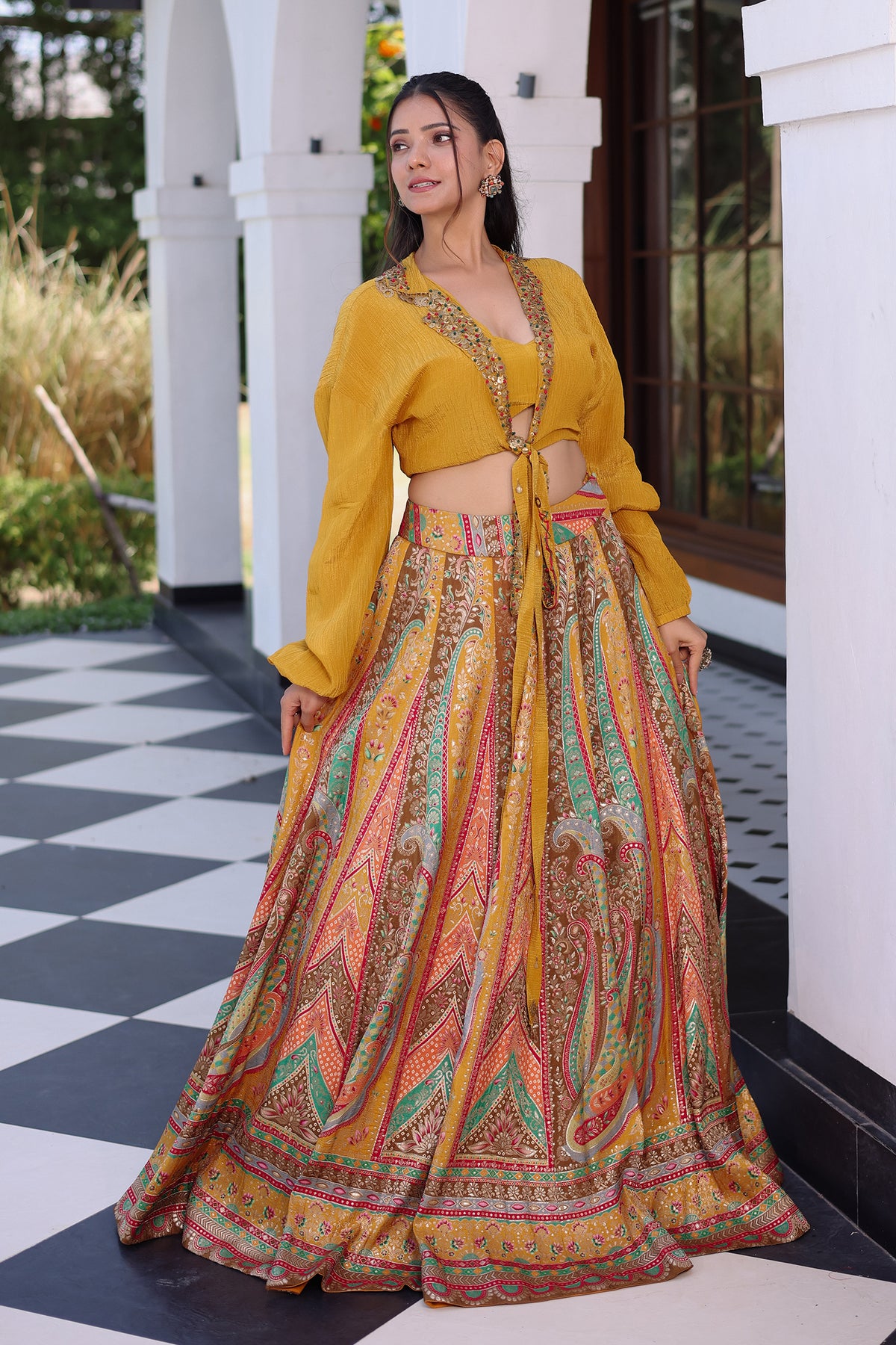 Mustard Tissue Crepe Silk Crop Top Skirt Set with Jacket
