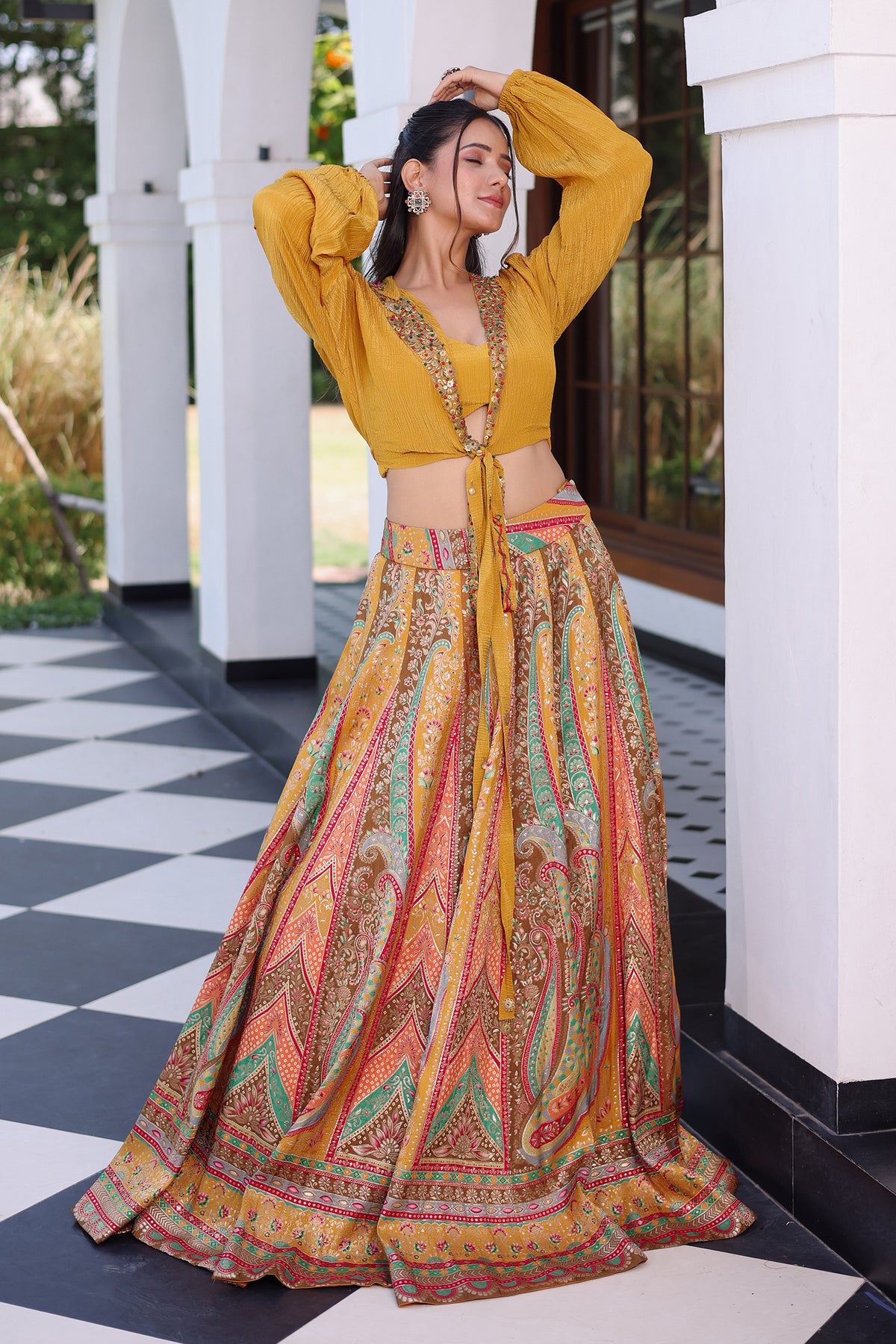 Mustard Tissue Crepe Silk Crop Top Skirt Set with Jacket