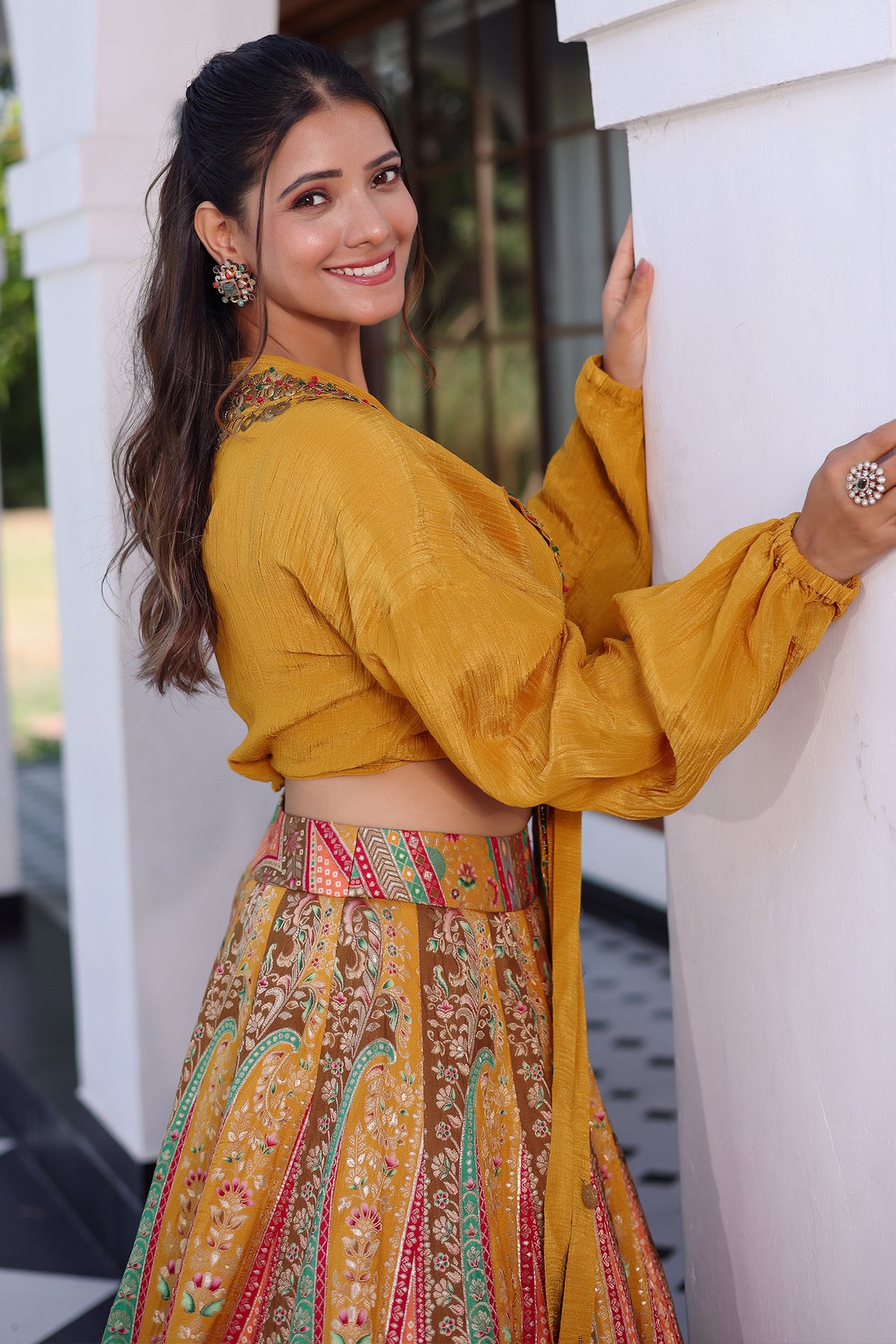 Mustard Tissue Crepe Silk Crop Top Skirt Set with Jacket