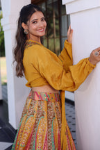 Mustard Tissue Crepe Silk Crop Top Skirt Set with Jacket