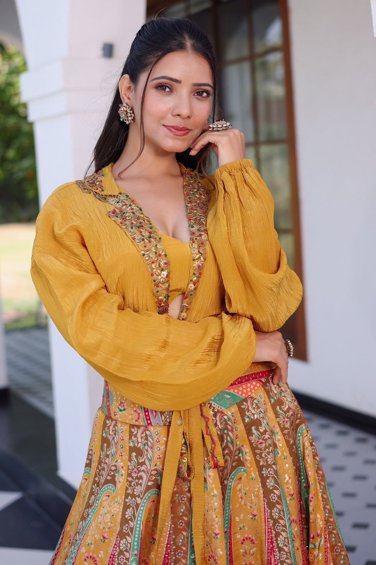 Mustard Tissue Crepe Silk Crop Top Skirt Set with Jacket
