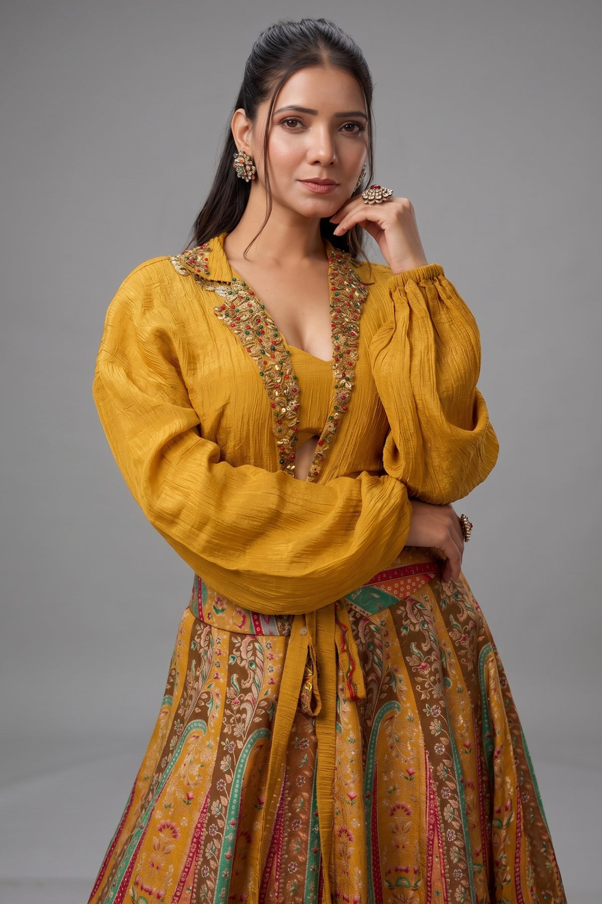 Mustard Tissue Crepe Silk Crop Top Skirt Set with Jacket