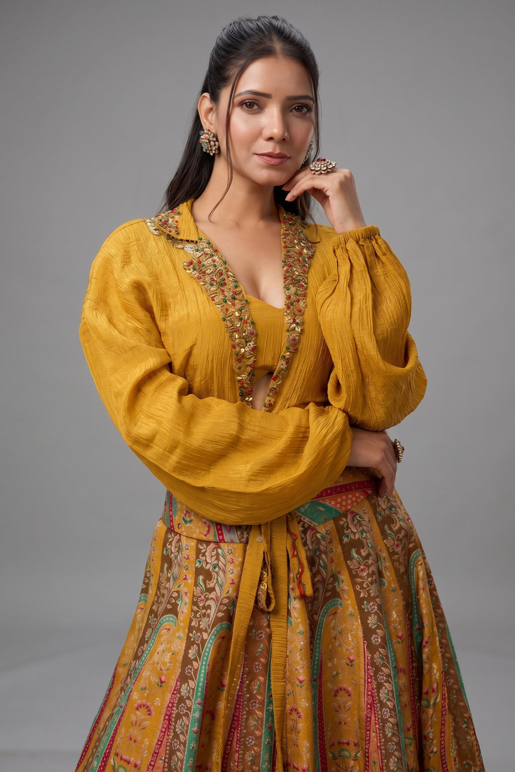 Mustard Tissue Crepe Silk Crop Top Skirt Set with Jacket