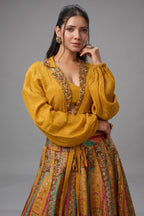 Mustard Tissue Crepe Silk Crop Top Skirt Set with Jacket