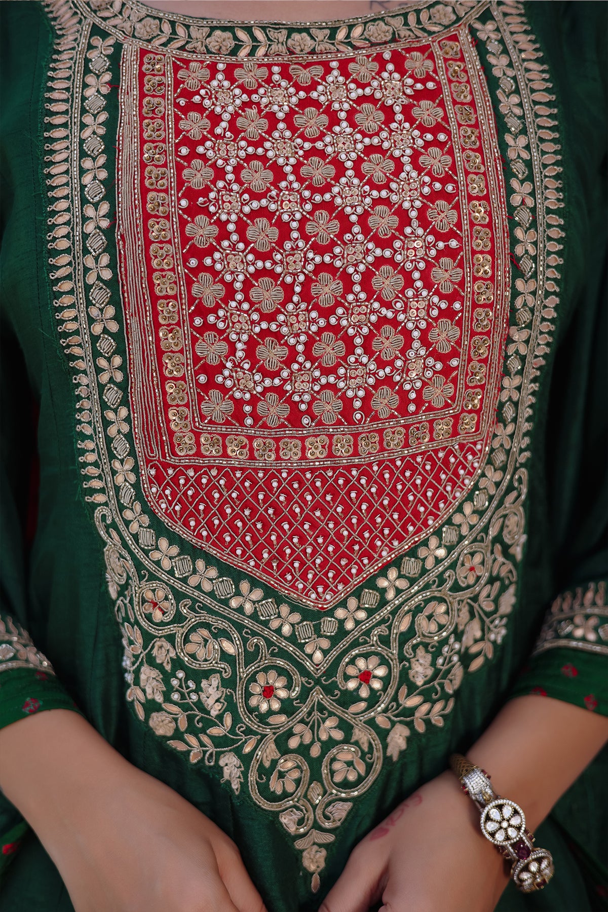Dark Green Raw Silk Gota and Bead Worked Palazzo Suit with Bandhej Dupatta