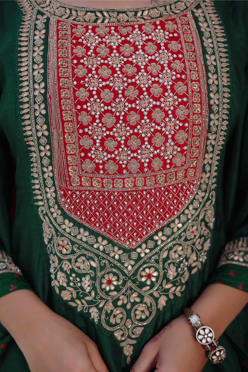 Dark Green Raw Silk Gota and Bead Worked Palazzo Suit with Bandhej Dupatta