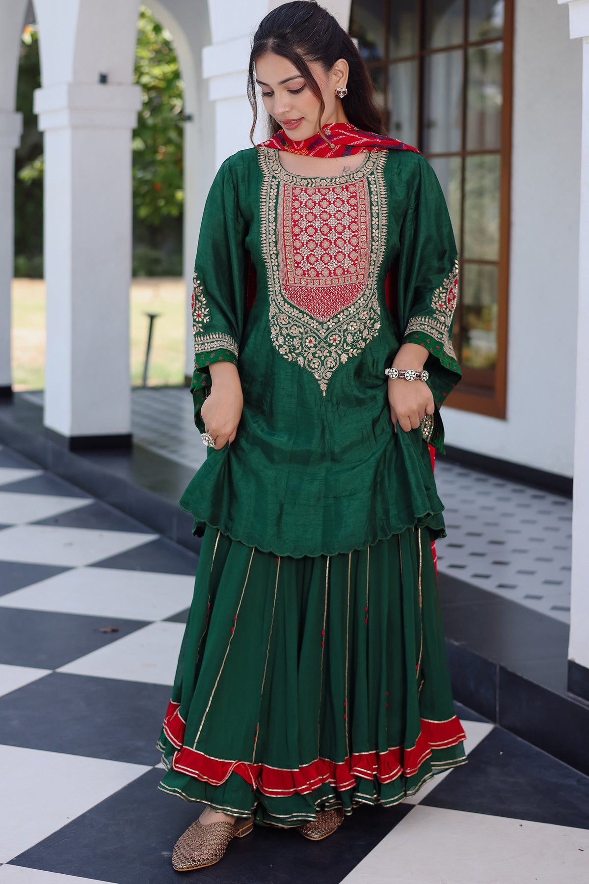 Dark Green Raw Silk Gota and Bead Worked Palazzo Suit with Bandhej Dupatta