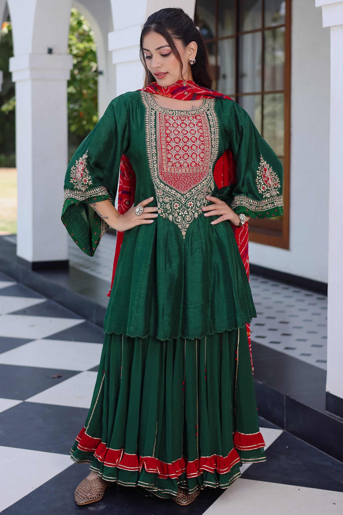 Dark Green Raw Silk Gota and Bead Worked Palazzo Suit with Bandhej Dupatta