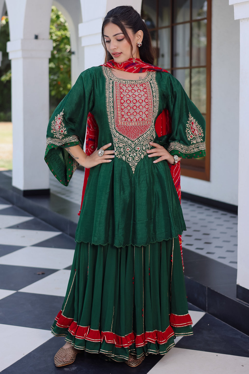 Dark Green Raw Silk Gota and Bead Worked Palazzo Suit with Bandhej Dupatta