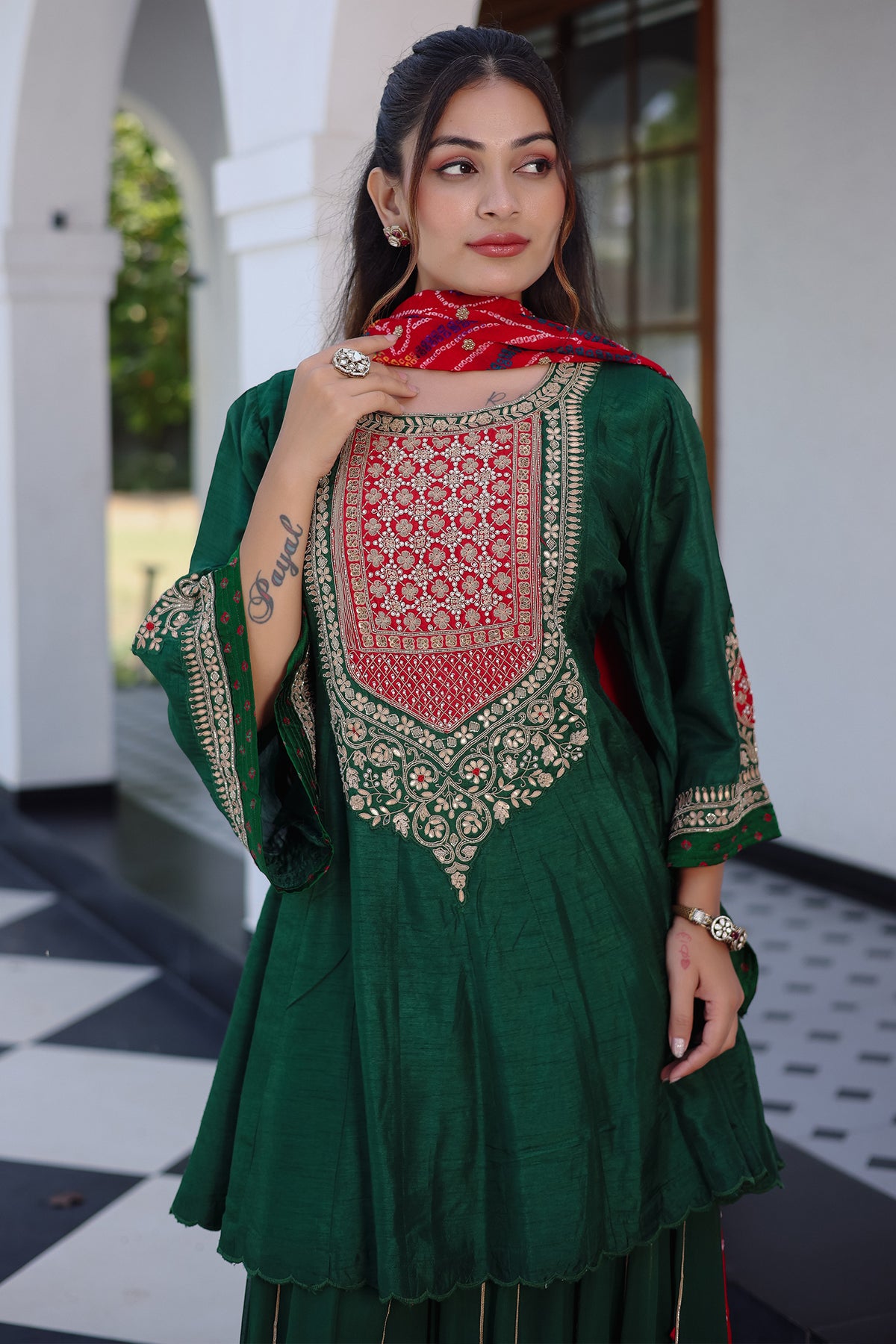 Dark Green Raw Silk Gota and Bead Worked Palazzo Suit with Bandhej Dupatta