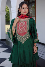 Dark Green Raw Silk Gota and Bead Worked Palazzo Suit with Bandhej Dupatta
