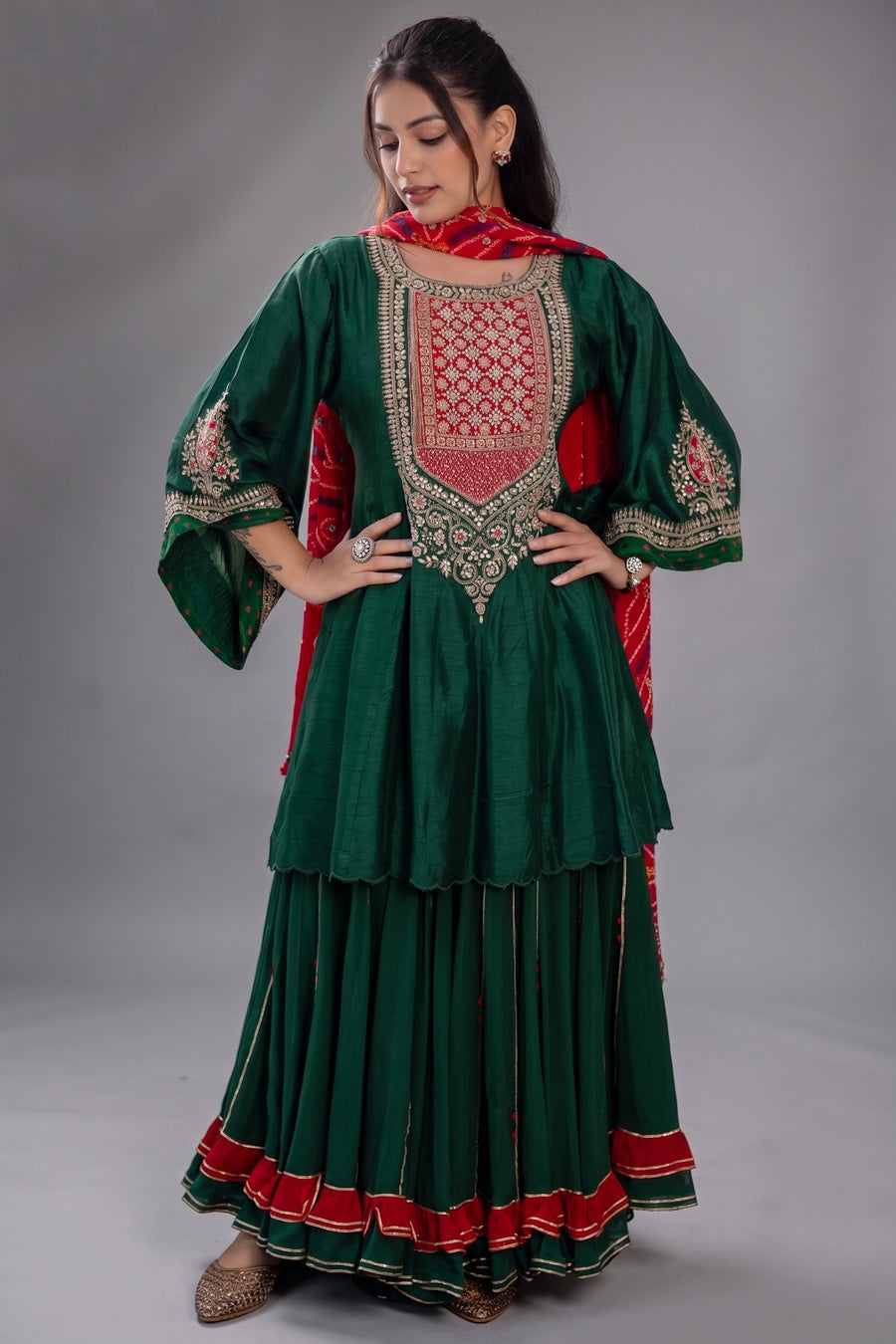 Dark Green Raw Silk Gota and Bead Worked Palazzo Suit with Bandhej Dupatta