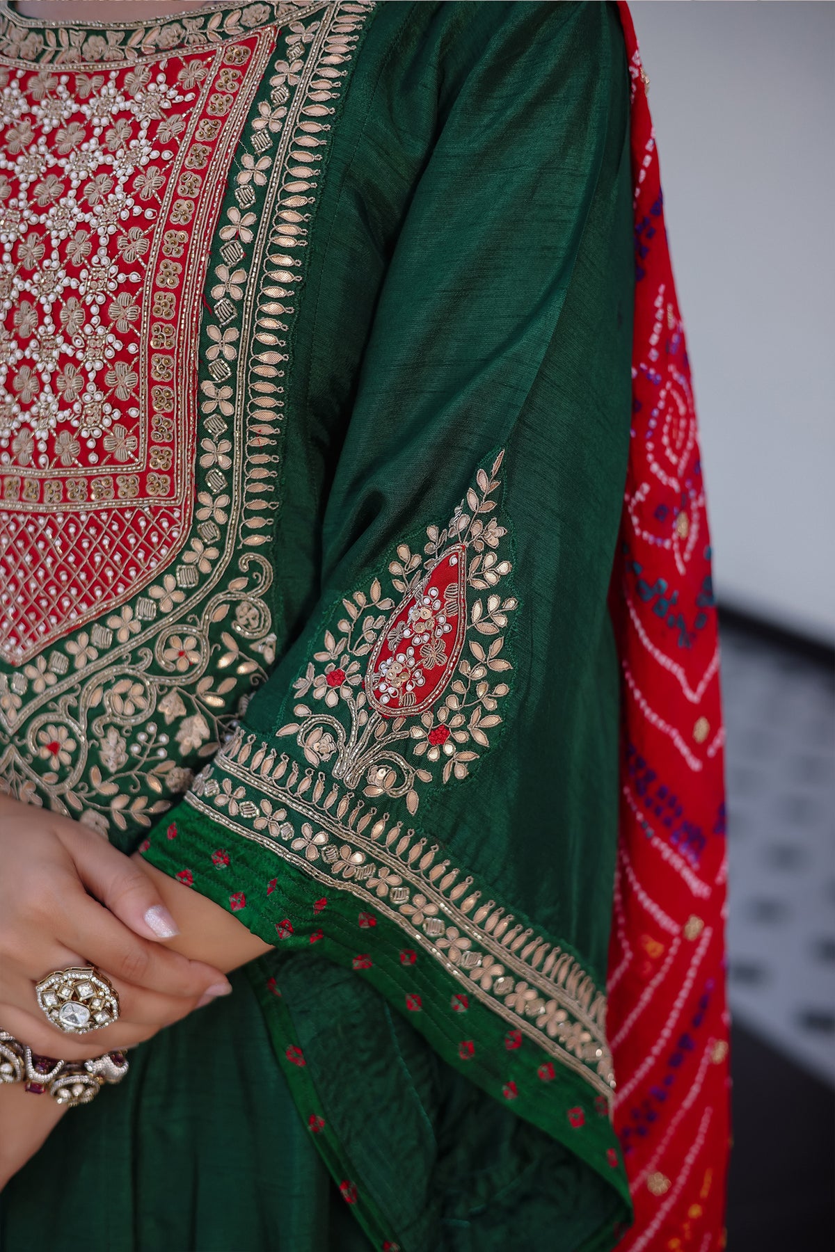 Dark Green Raw Silk Gota and Bead Worked Palazzo Suit with Bandhej Dupatta