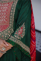 Dark Green Raw Silk Gota and Bead Worked Palazzo Suit with Bandhej Dupatta