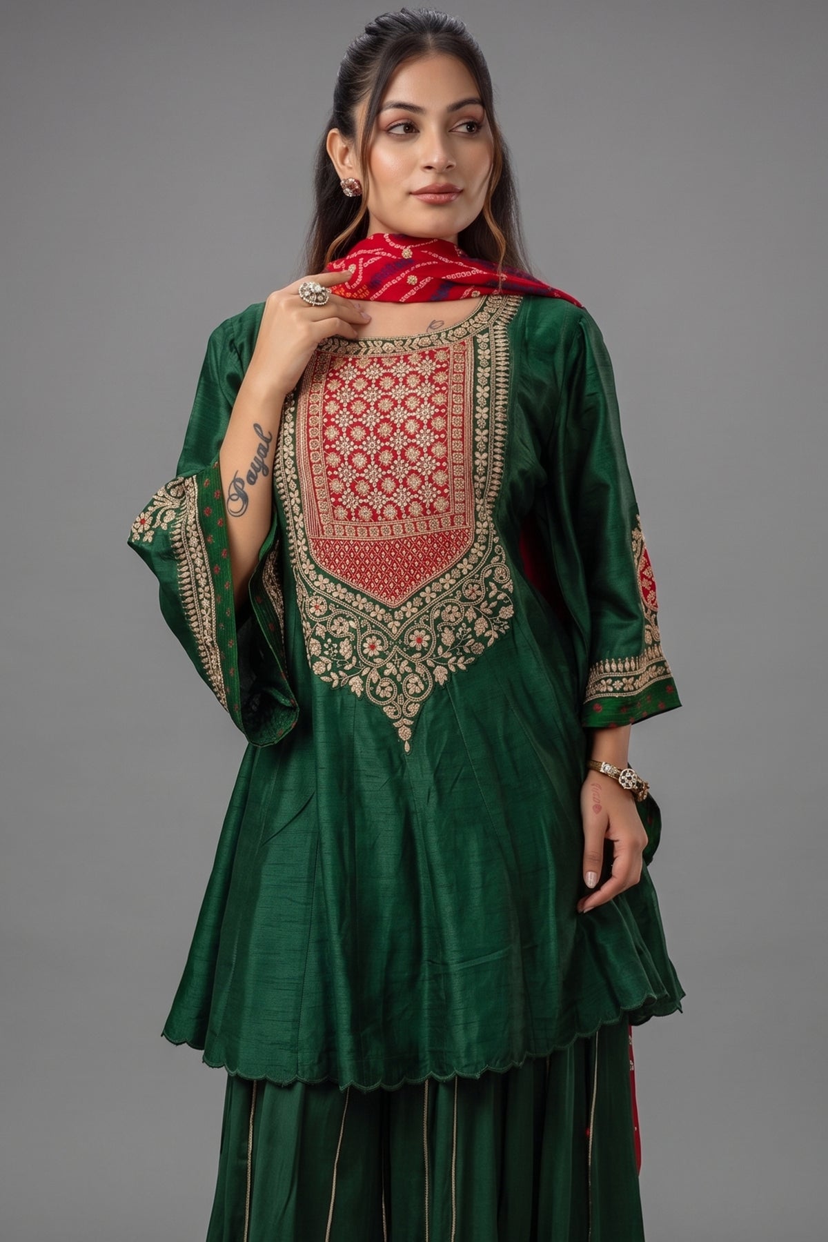 Dark Green Raw Silk Gota and Bead Worked Palazzo Suit with Bandhej Dupatta