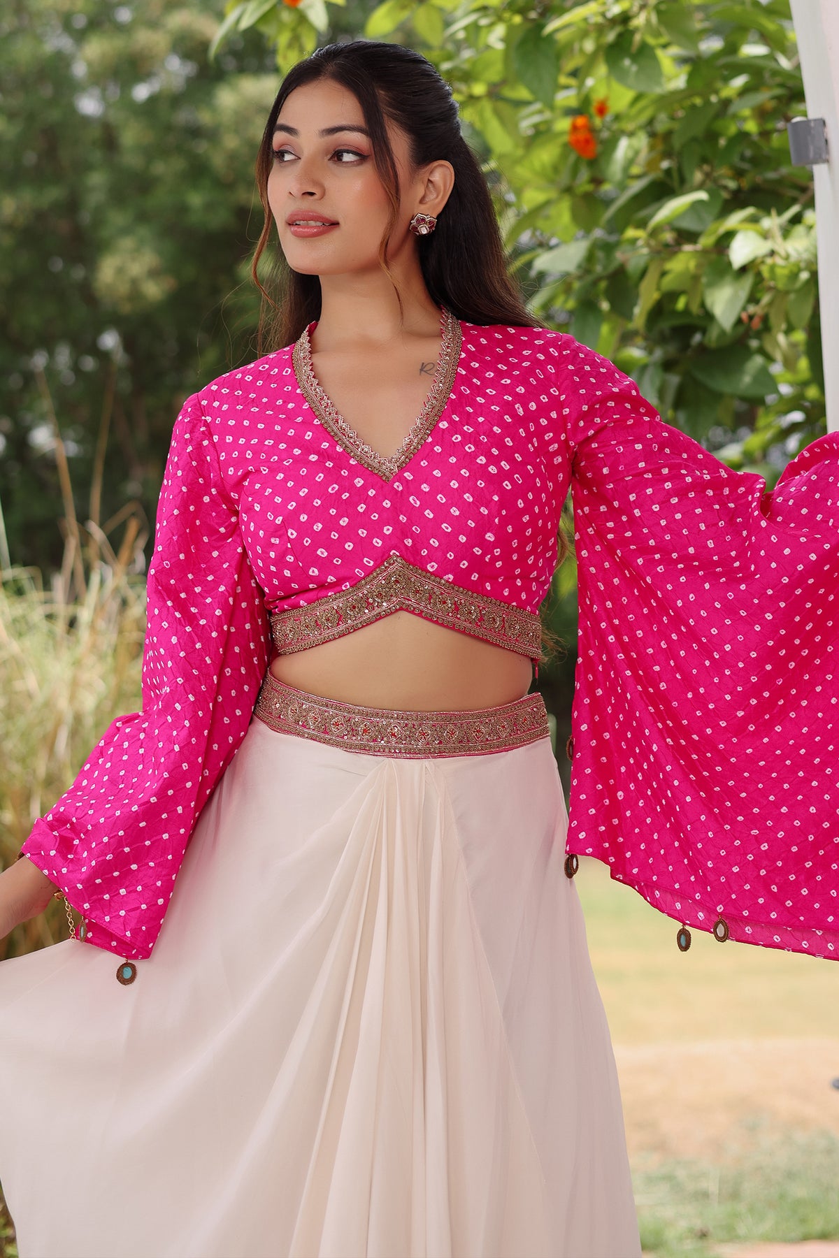 Rani Pink Gaji Silk Bandhej Printed Crop Top with Draped Skirt Set