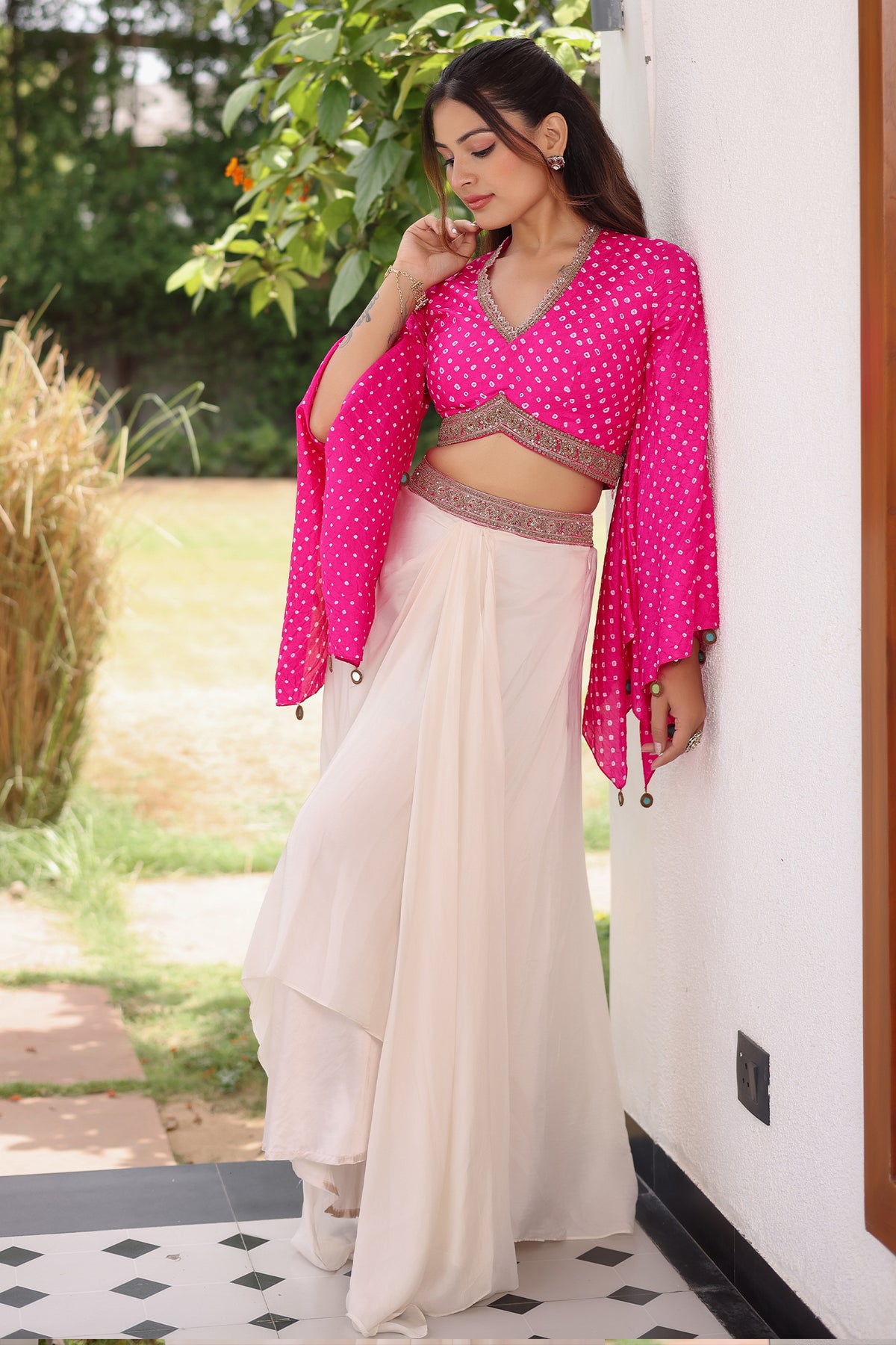 Rani Pink Gaji Silk Bandhej Printed Crop Top with Draped Skirt Set