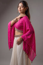 Rani Pink Gaji Silk Bandhej Printed Crop Top with Draped Skirt Set