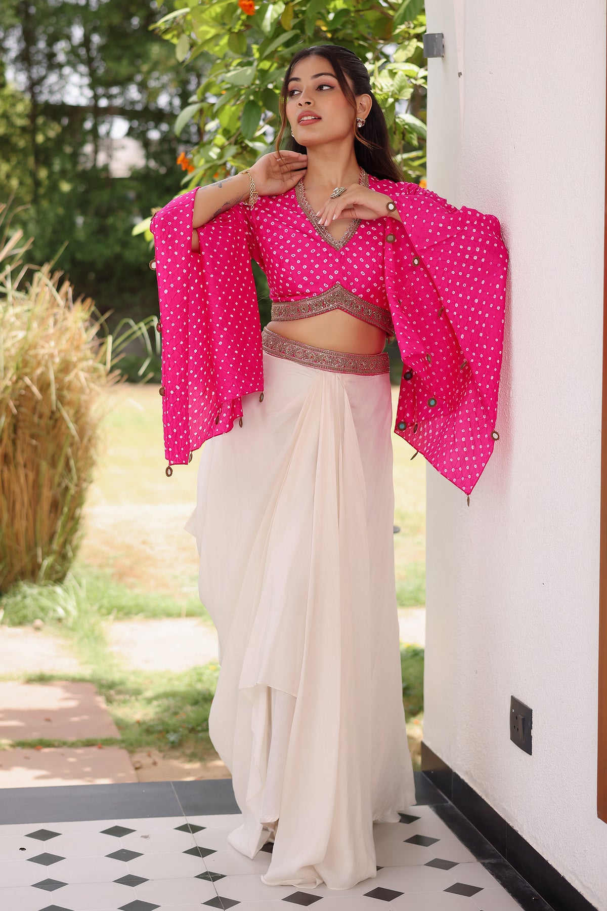 Rani Pink Gaji Silk Bandhej Printed Crop Top with Draped Skirt Set