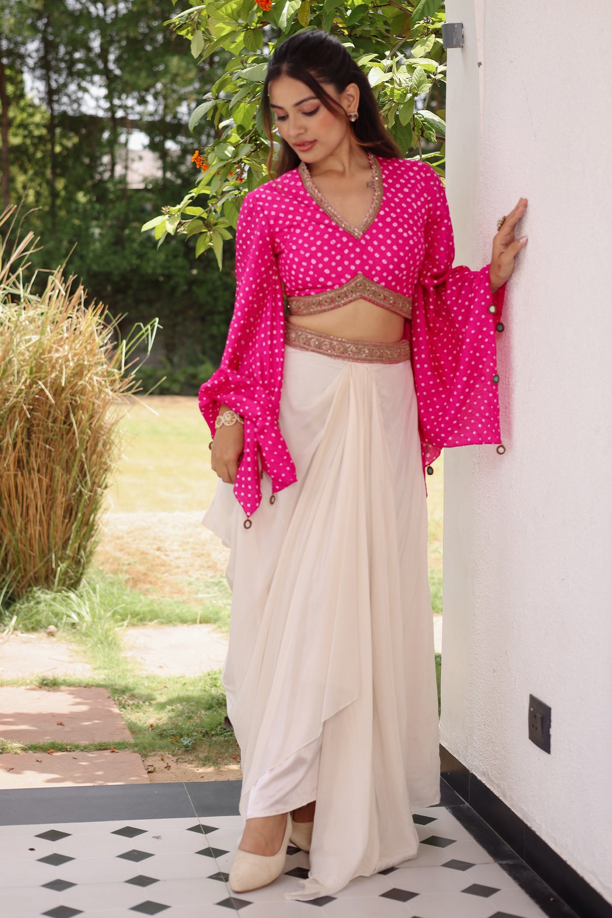 Rani Pink Gaji Silk Bandhej Printed Crop Top with Draped Skirt Set