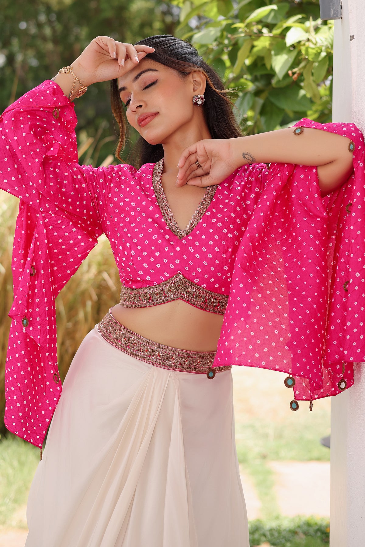 Rani Pink Gaji Silk Bandhej Printed Crop Top with Draped Skirt Set