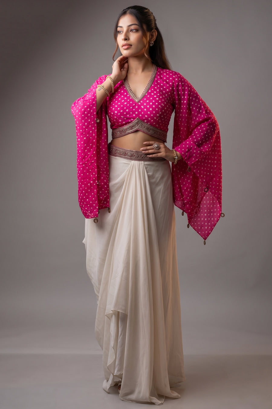 Rani Pink Gaji Silk Bandhej Printed Crop Top with Draped Skirt Set