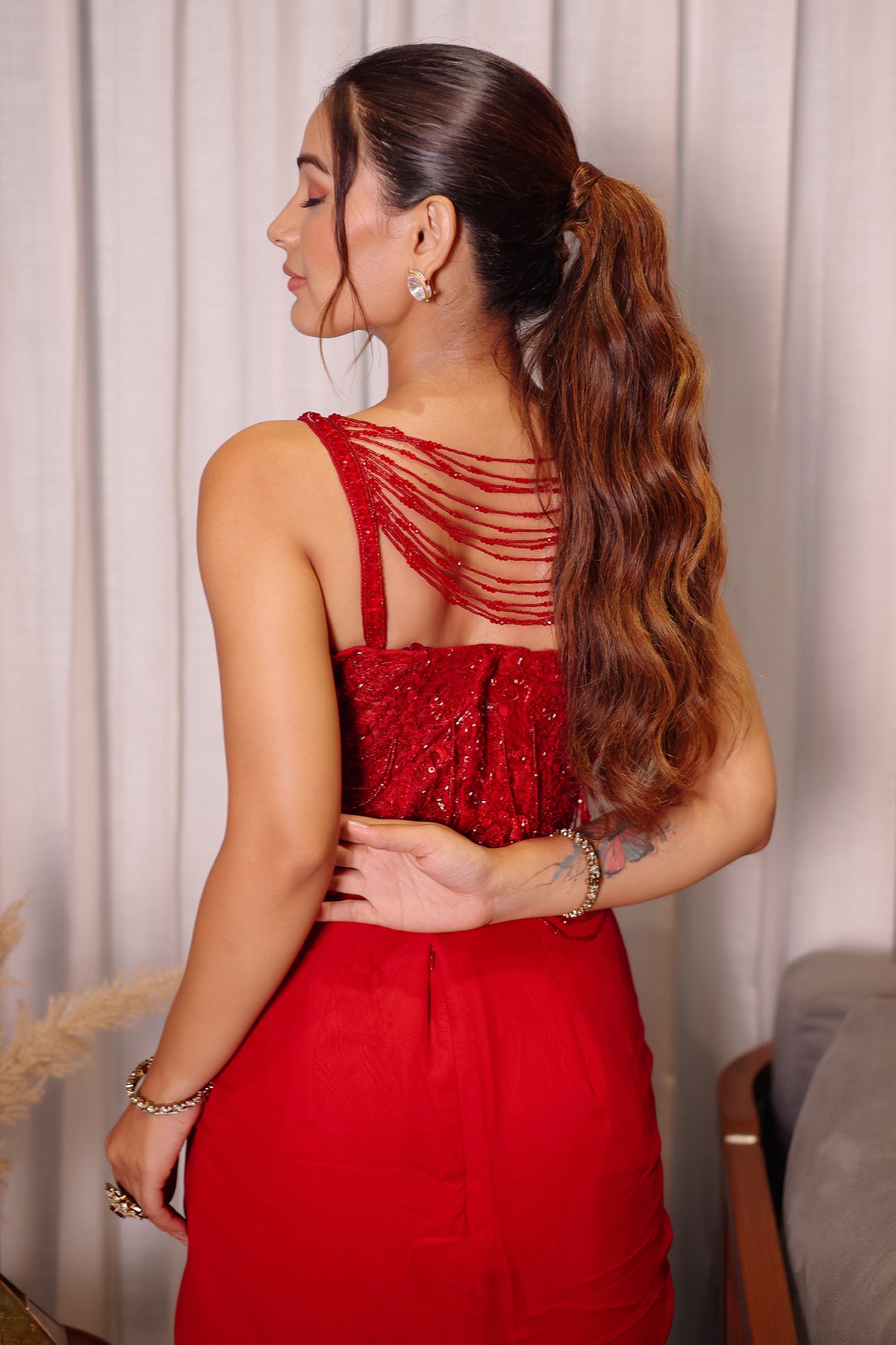 Red Net Embellished Sequin Cutdana Worked Crop Top and Draped Skirt Set