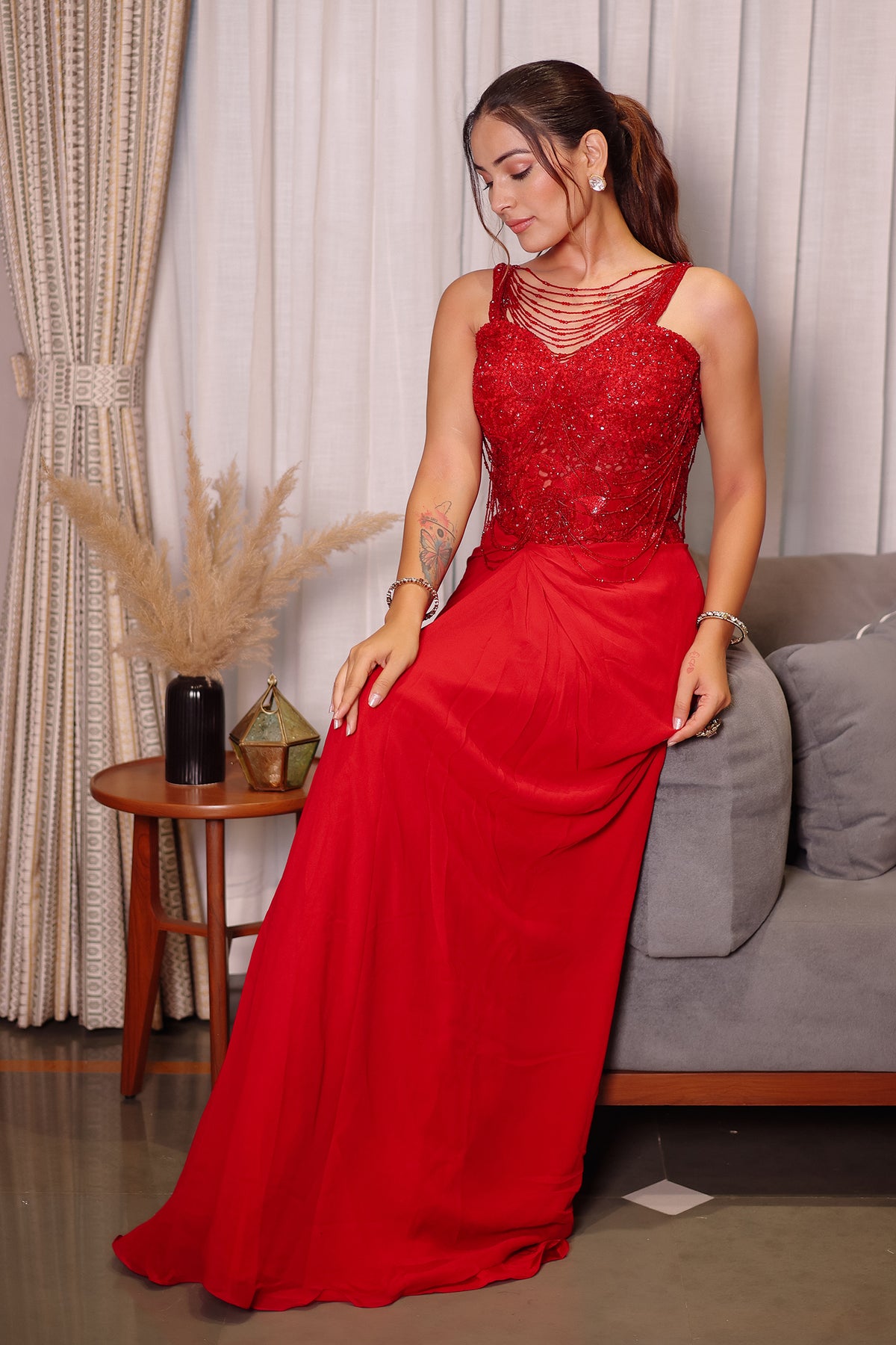 Red Net Embellished Sequin Cutdana Worked Crop Top and Draped Skirt Set