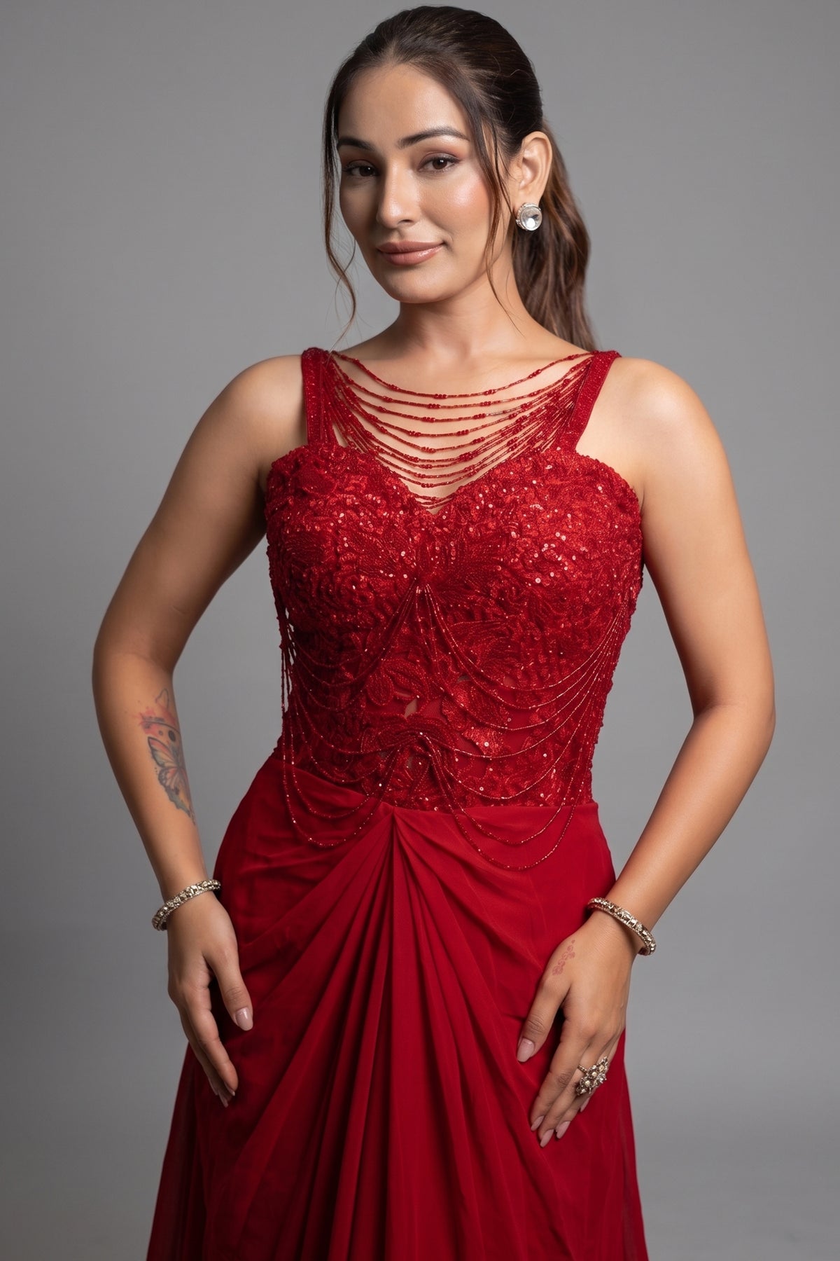 Red Net Embellished Sequin Cutdana Worked Crop Top and Draped Skirt Set