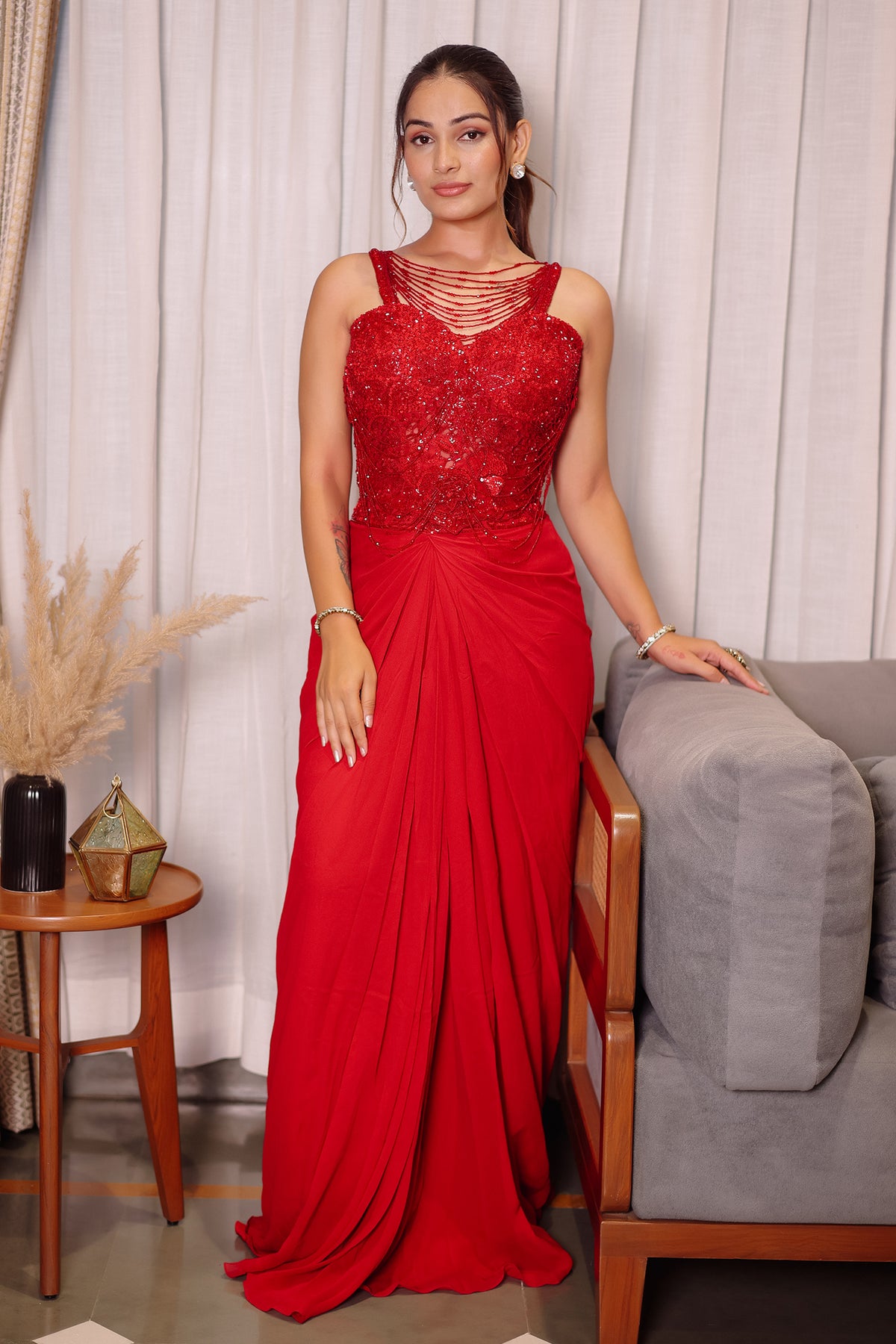 Red Net Embellished Sequin Cutdana Worked Crop Top and Draped Skirt Set