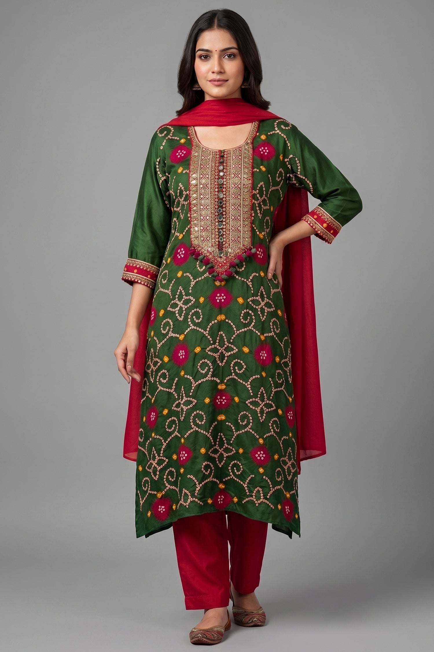 Green Cotton Silk Straight Cut Bandhej Suit with Beads and Sequin Work