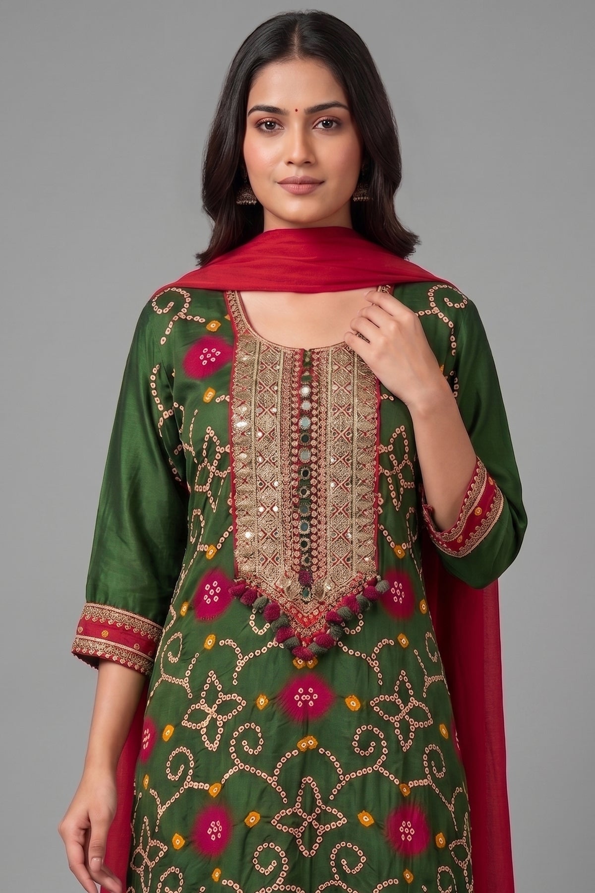 Green Cotton Silk Straight Cut Bandhej Suit with Beads and Sequin Work