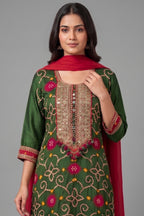 Green Cotton Silk Straight Cut Bandhej Suit with Beads and Sequin Work