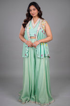 Sea Green Flared Chinon Palazzo and Raw Silk Bustier Co-Ord with Tasseled Zardosi and Mirror Embroidered Jacket
