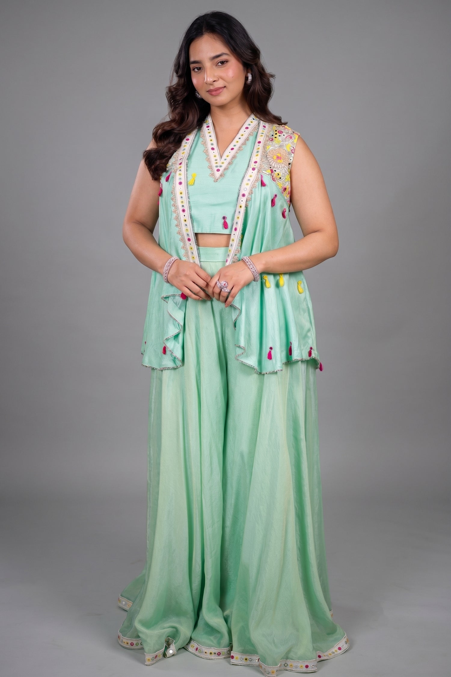 Sea Green Flared Chinon Palazzo and Raw Silk Bustier Co-Ord with Tasseled Zardosi and Mirror Embroidered Jacket