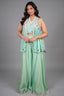 Sea Green Flared Chinon Palazzo and Raw Silk Bustier Co-Ord with Tasseled Zardosi and Mirror Embroidered Jacket