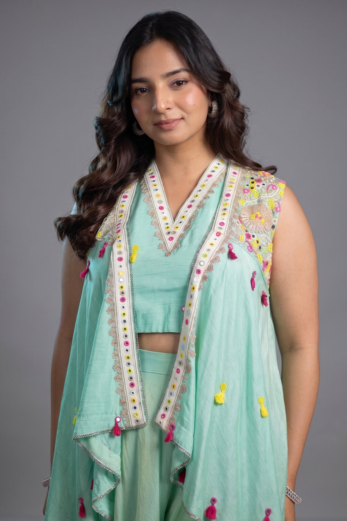 Sea Green Flared Chinon Palazzo and Raw Silk Bustier Co-Ord with Tasseled Zardosi and Mirror Embroidered Jacket