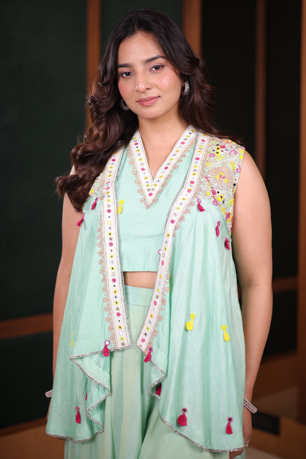 Sea Green Flared Chinon Palazzo and Raw Silk Bustier Co-Ord with Tasseled Zardosi and Mirror Embroidered Jacket