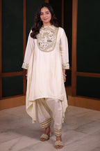 Ivory Silk Asymmetric High-Low Salwar Suit with Heavily Embroidered Yoke and Lime Green Organza Dupatta