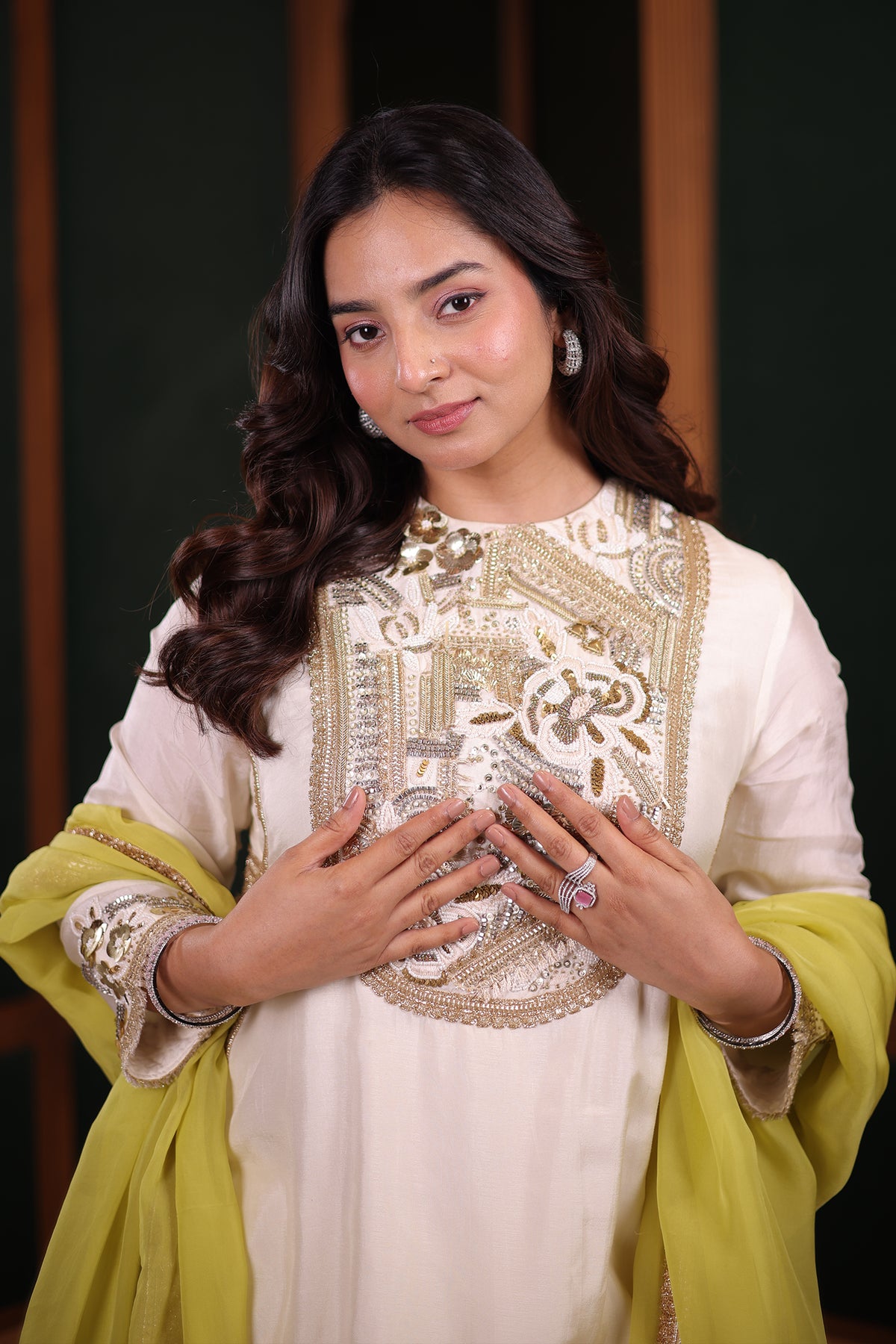 Ivory Silk Asymmetric High-Low Salwar Suit with Heavily Embroidered Yoke and Lime Green Organza Dupatta